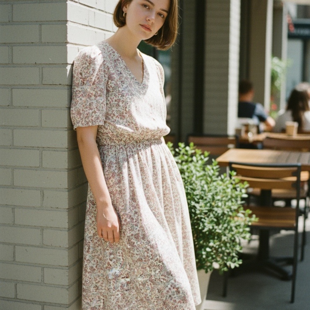 LOFT Floral Print dress in White and Pink Mini Short Sleeve 10